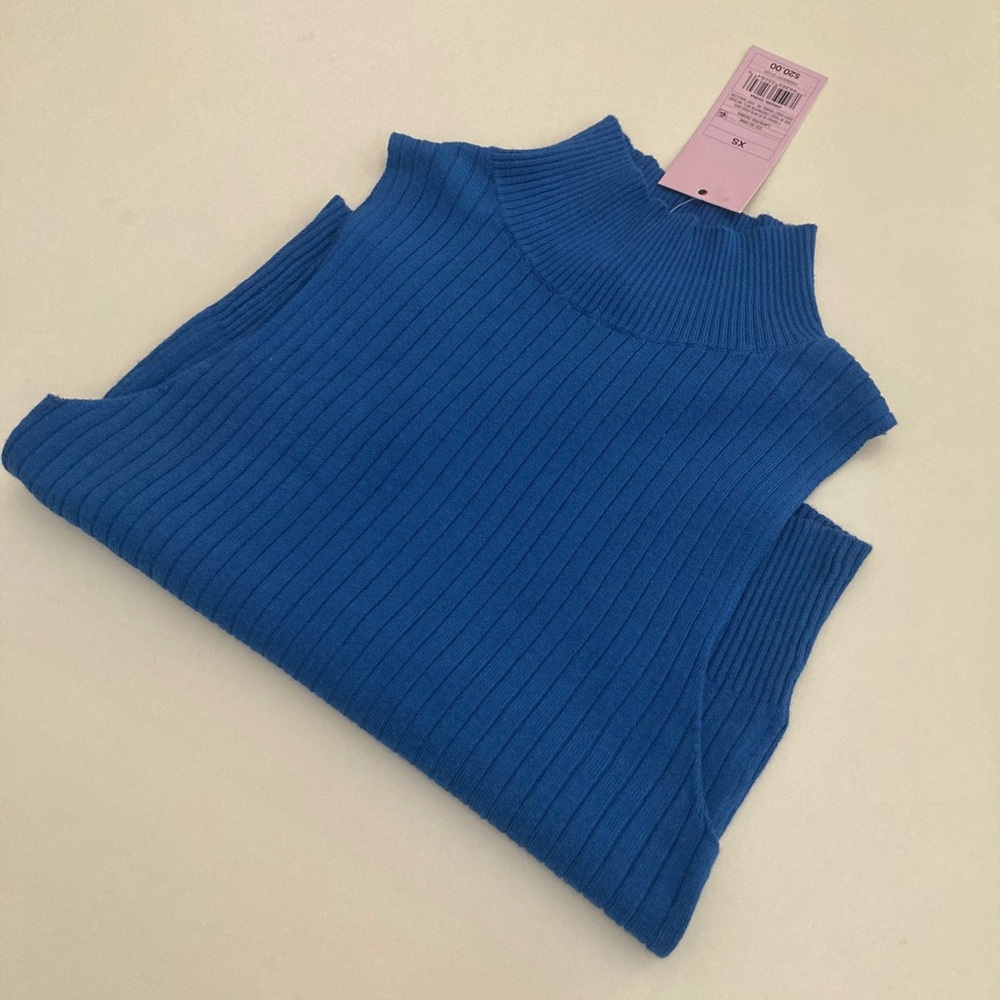 Blue Ribbed Mock Neck Top